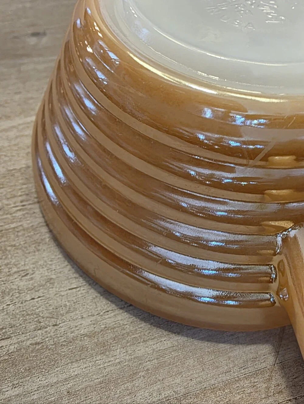 Fire King Vintage Peach Lustre Chili Bowl with Handle Beehive Ribbed Iridescent